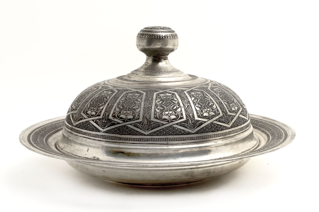 Appraisal: PERSIAN DAMASCENE SILVERED COVERED TRAY Serving tray with domed lid