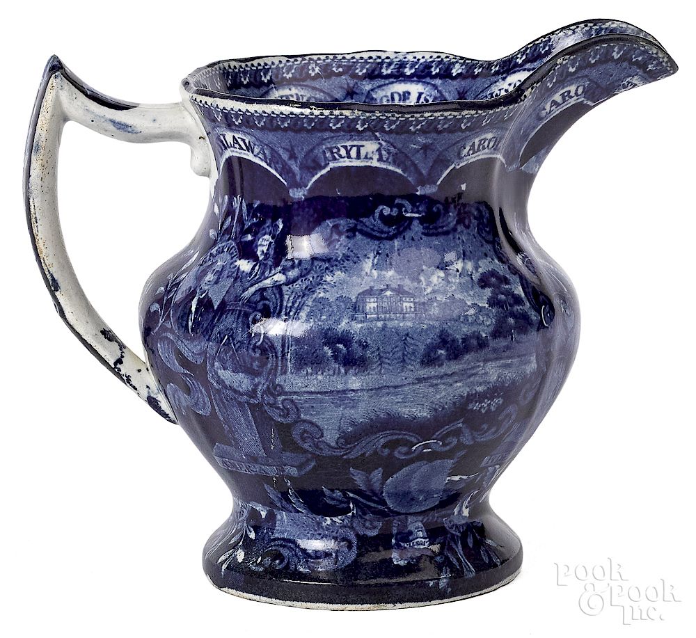 Appraisal: Historical blue Staffordshire pitcher Historical blue Staffordshire America and Independence