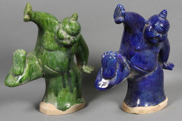 Appraisal: Chinese glazed Sumo figures green and blue x EST '