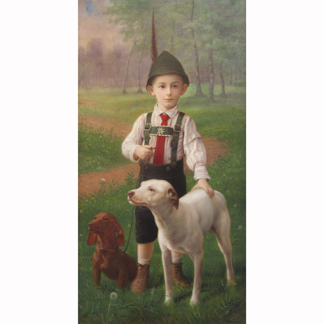 Appraisal: German School th Century Boy in Lederhosen with Two Dogs