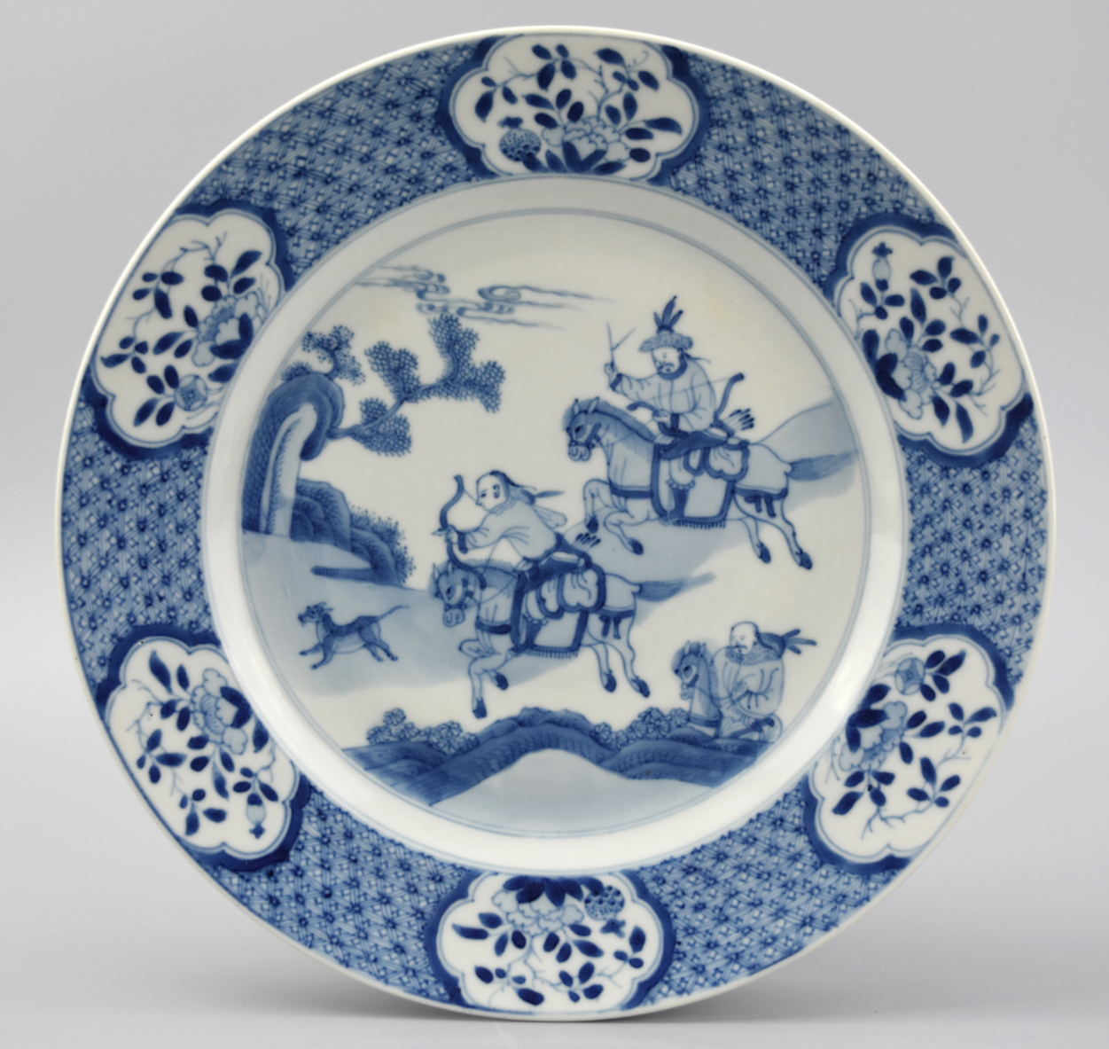 Appraisal: CHINESE B W PLATE W HUNTING SCENE KANGXI PERIOD A