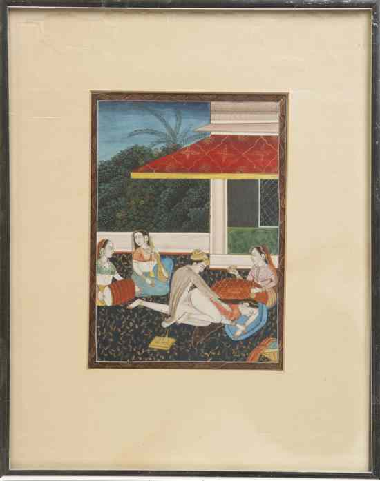 Appraisal: An Indian Gouache Painting depicting an erotic scene in a