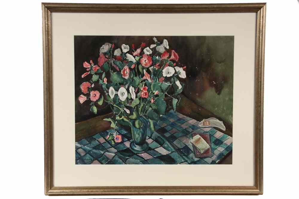 Appraisal: WATERCOLOR - Still Life with Flower Vase on Checkered Tablecloth