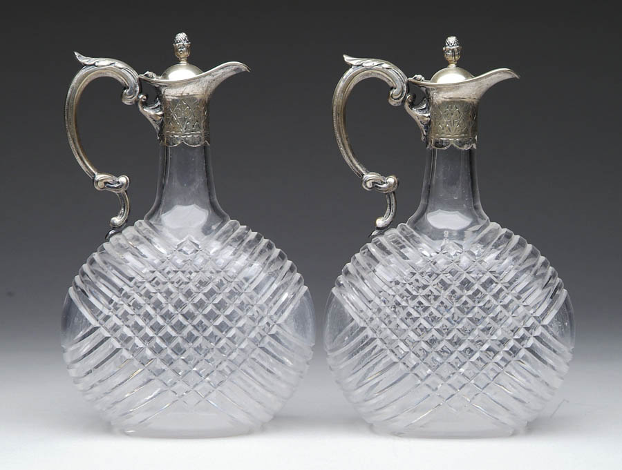 Appraisal: PAIR EWER SHAPED DECANTERS Very pretty pair of decanters have