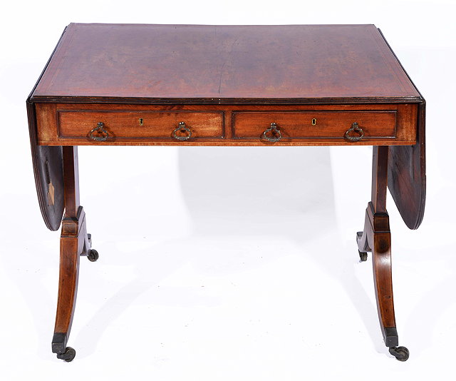 Appraisal: A GEORGE III MAHOGANY SATINWOOD CROSSBANDED DROP END SOFA TABLE