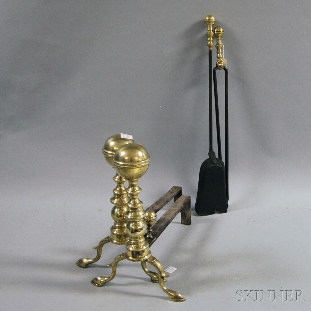 Appraisal: Pair of Brass Belted Ball-top Andirons Tongs and a Shovel