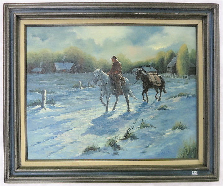 Appraisal: JOSELLE OIL ON CANVAS winter landscape with cowboy on horseback