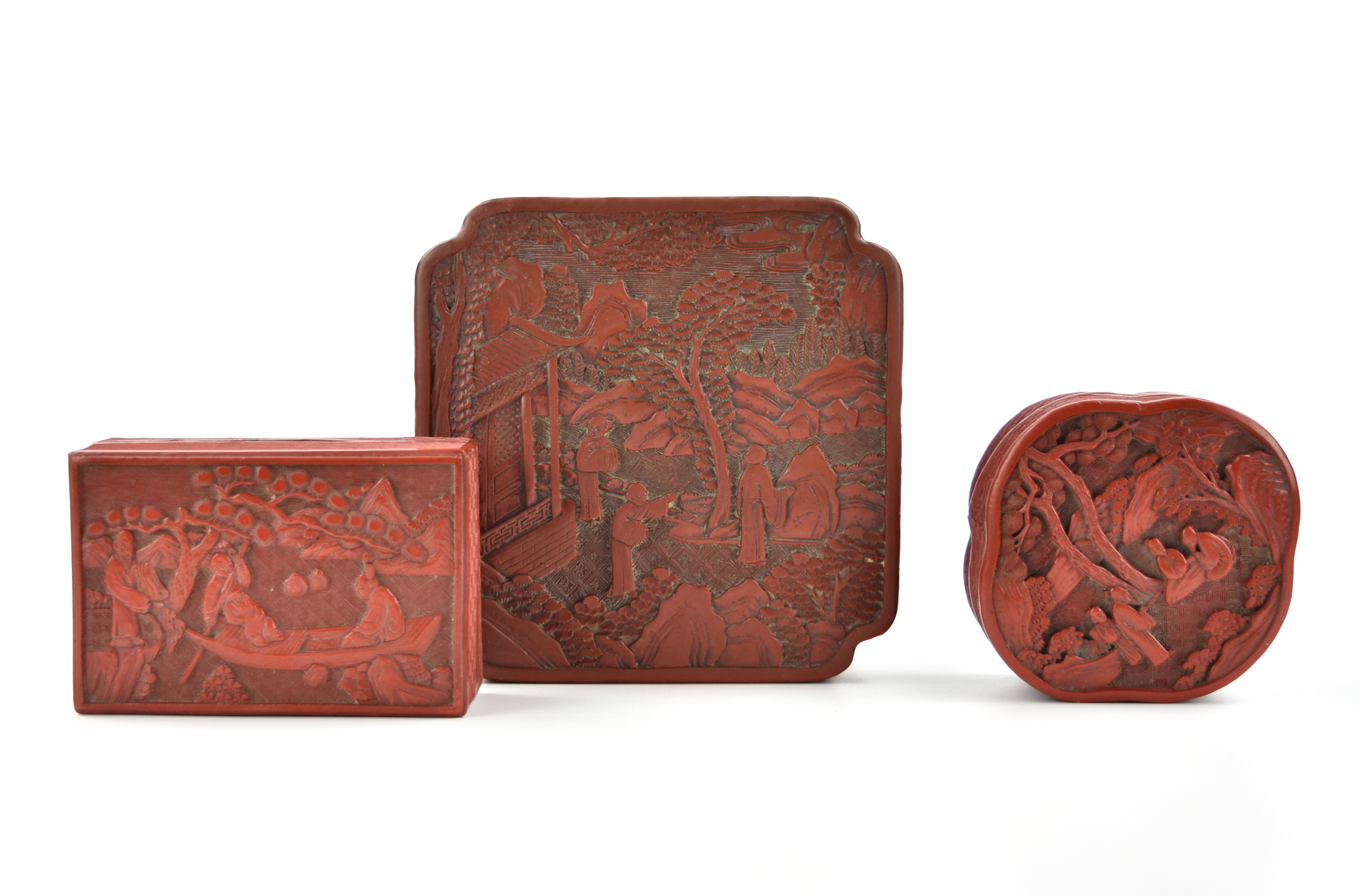 Appraisal: three Chinese - th C red lacquer carved boxes in