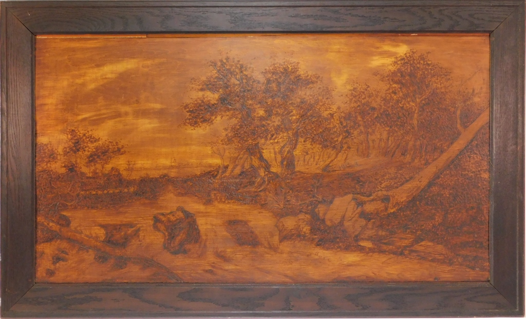 Appraisal: LG PYROGRAPHY IMPRESSIONIST LANDSCAPE WOOD PANEL United States th- th