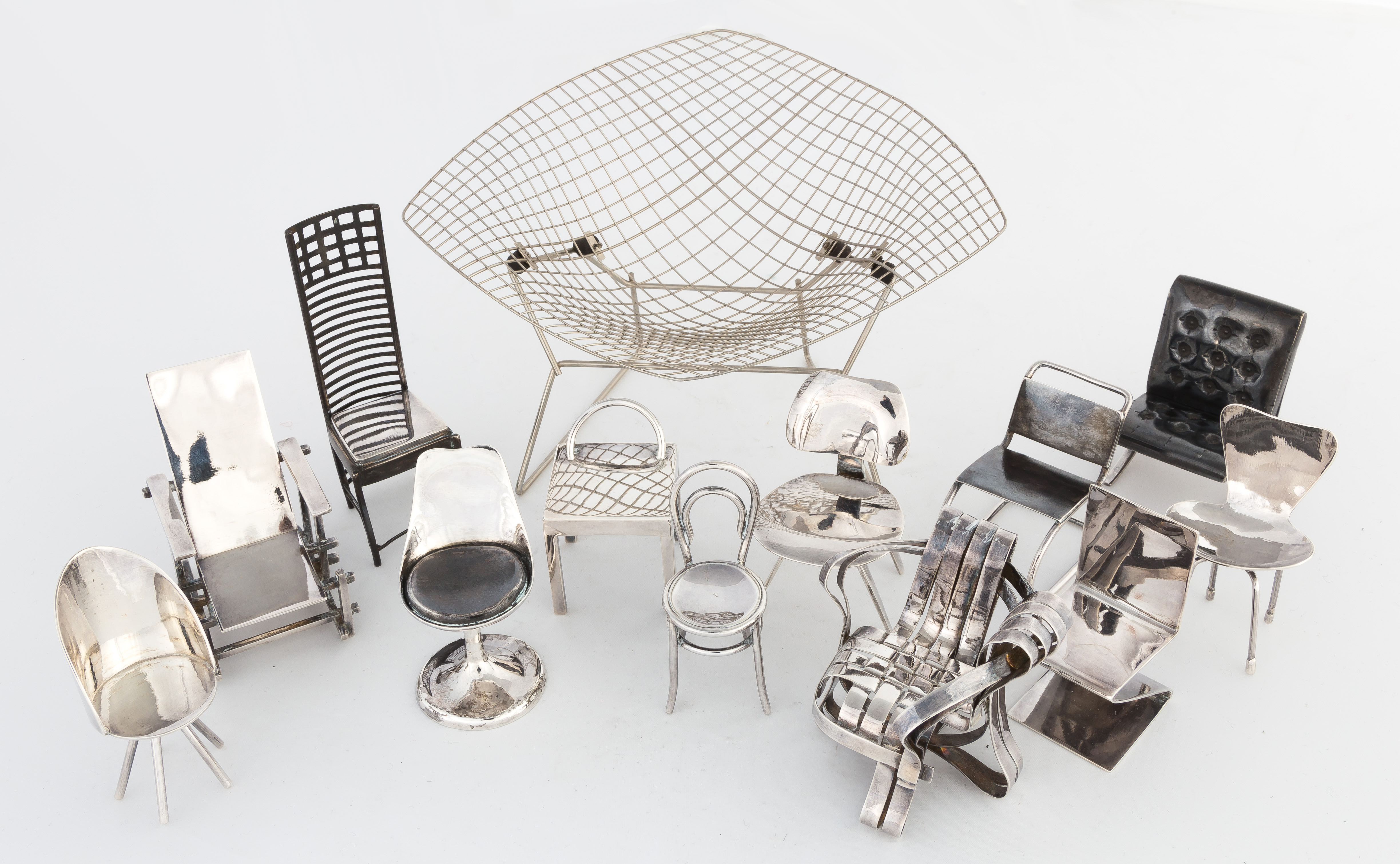 Appraisal: Collection of Modern Design Sterling Silver Miniature Chairs Including Hill