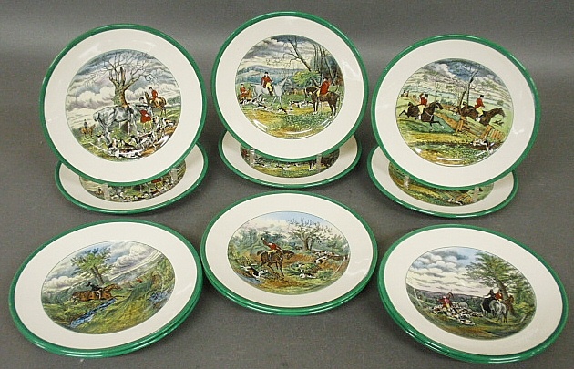 Appraisal: - Set of twelve Spode fox hunting plates with green