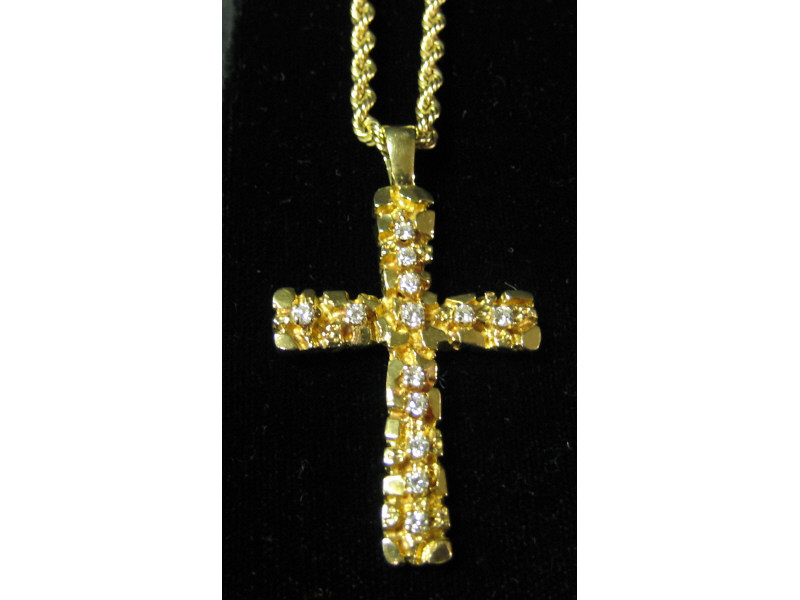 Appraisal: DIAMOND CROSS AND CHAIN Yellow gold cross pendant set with