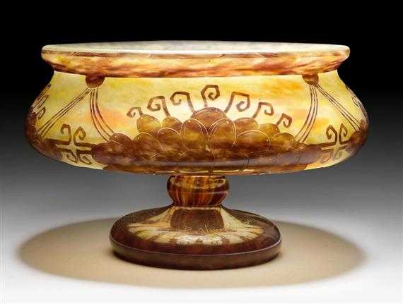 Appraisal: SCHNEIDER MUSCATS BOWL circa Acid-etched yellow glass with brown overlay