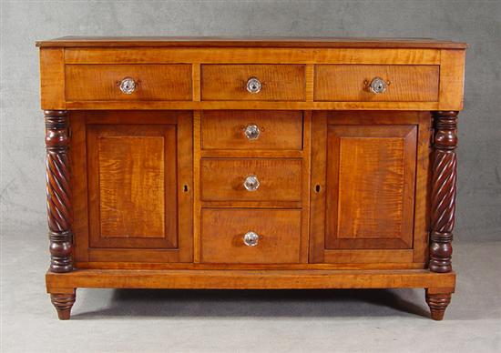 Appraisal: Curly Maple Empire Sideboard Mid th Century Three drawers above