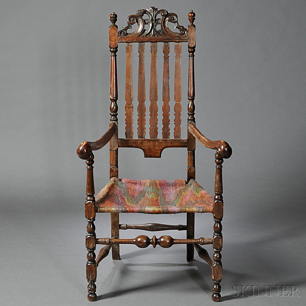 Appraisal: Bannister-back Armchair probably Eastern Massachusetts early th century carved and