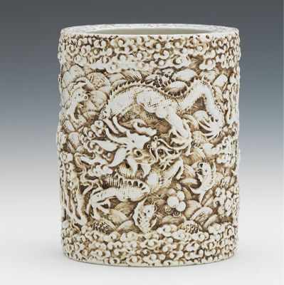 Appraisal: A White Glazed Ceramic Brushpot White ceramic brushpot with slightly