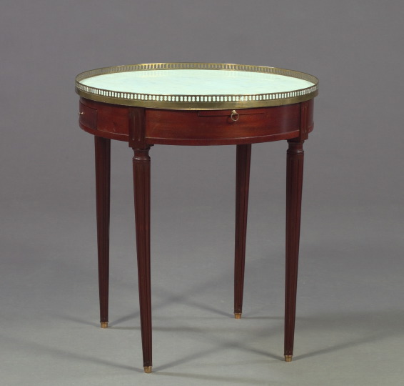 Appraisal: Empire-Style Brass-Mounted Mahogany and Marble-Top Bouillotte Table the circular marble