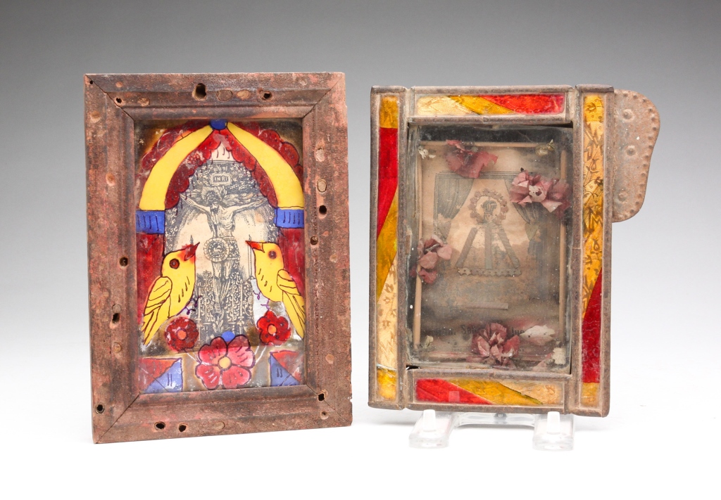 Appraisal: Late th-early th century Tinsel and reverse glass painted birds