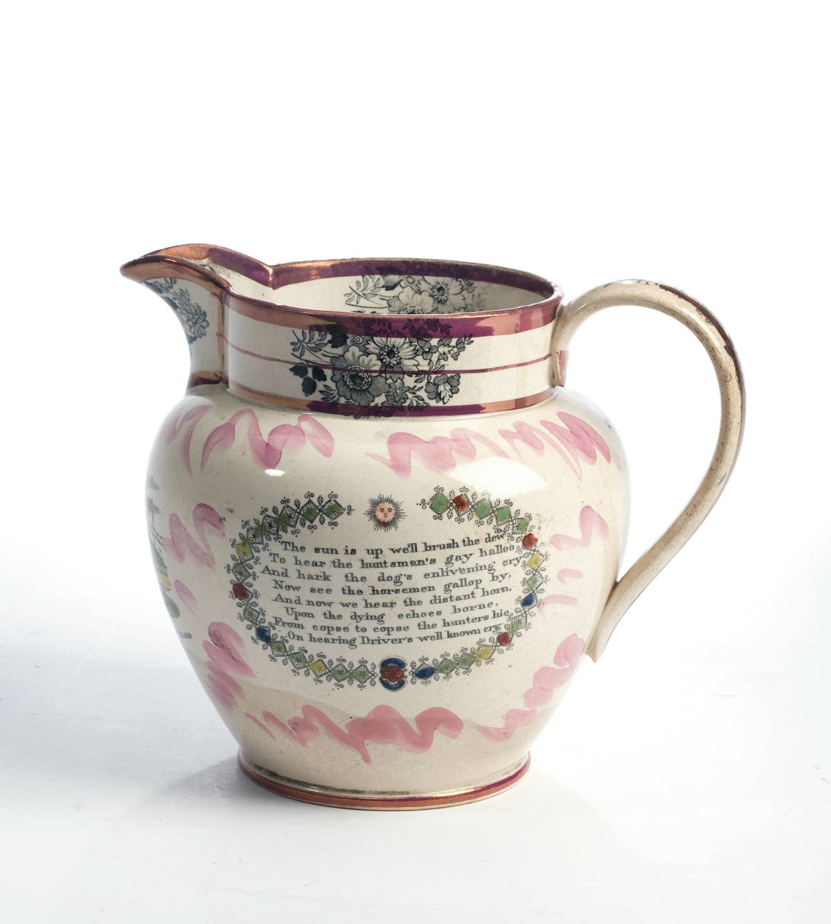 Appraisal: SUNDERLAND ENAMEL PINK LUSTRE -DECORATED AND BLACK TRANSFER-PRINTED JUG CIRCA