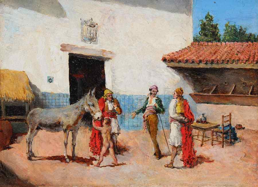 Appraisal: ORIENTALIST COURTYARD SCENE THE DONKEY SELLER Oil Wood Panel signed