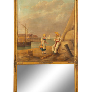 Appraisal: A Continental Gilt Framed Trumeau Mirror with an Oil on