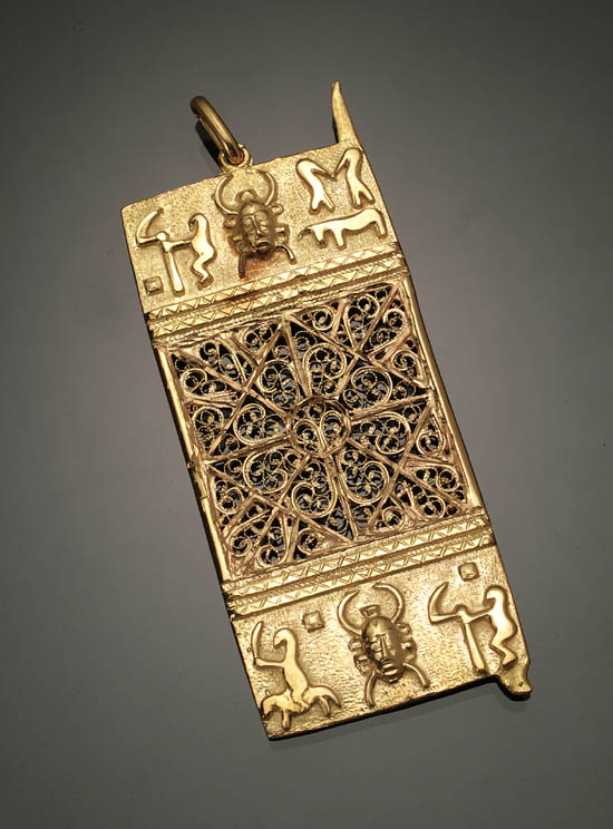 Appraisal: African Tested -Karat Yellow-Gold Pierced and Embossed 'Dogon Granary Door'