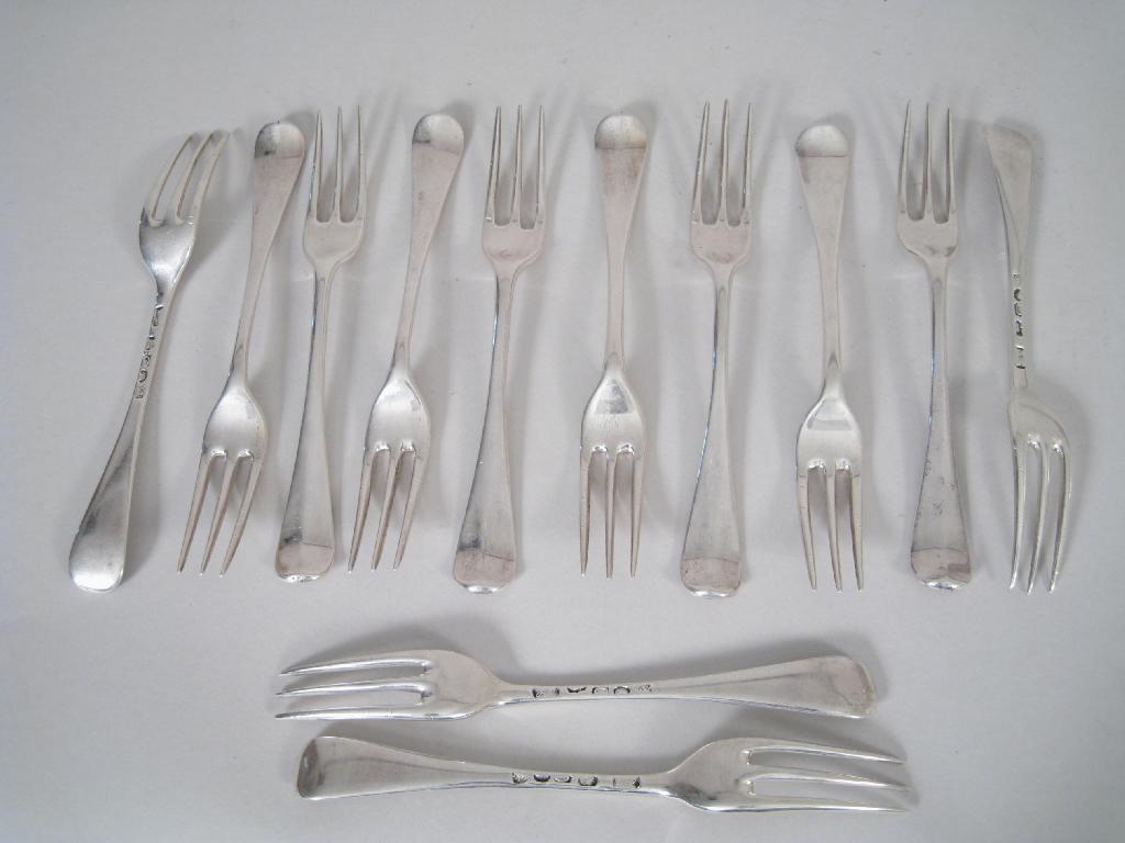 Appraisal: One dozen Georgian bottom marked three prong Dessert Forks Old