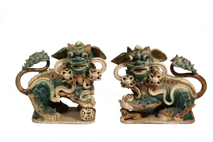 Appraisal: LARGE PR OF CHINESE FOO DOGS IN SANCAI GLAZE Animated