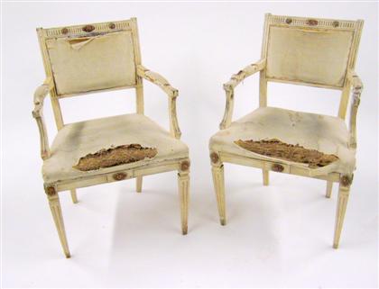 Appraisal: Pair North Italian Neoclassical style painted armchairs Each with a