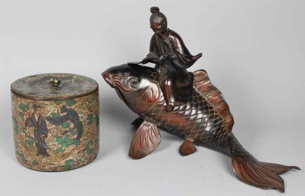 Appraisal: JAPANESE BRONZE FIGURAL CENSER AND HUMIDOR including a fish form