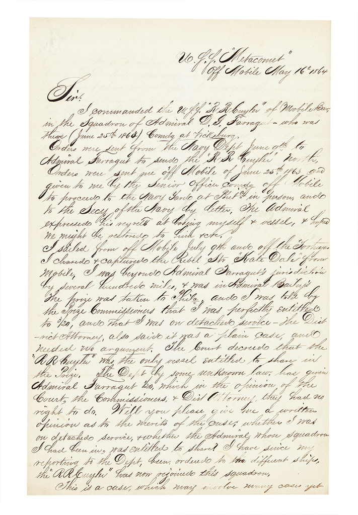 Appraisal: CIVIL WAR--NAVY Jouett James E Letter regarding his capture of