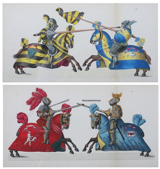 Appraisal: FOUR HAND-COLORED ENGRAVINGS OF MEDIEVAL JOUSTING SCENES th century Framed