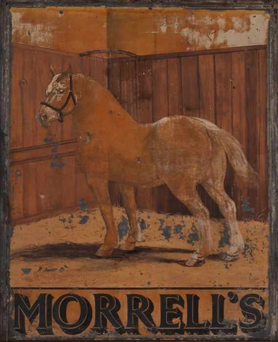 Appraisal: HAND-PAINTED METAL TWO-SIDED STABLE SIGN MORELL'S The one side painted