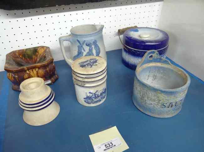 Appraisal: Misc lot six pcs including Rockingham glaze spittoon Dutch theme