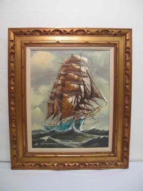 Appraisal: Oil on canvas painting depicting a clipper ship Signed ''R