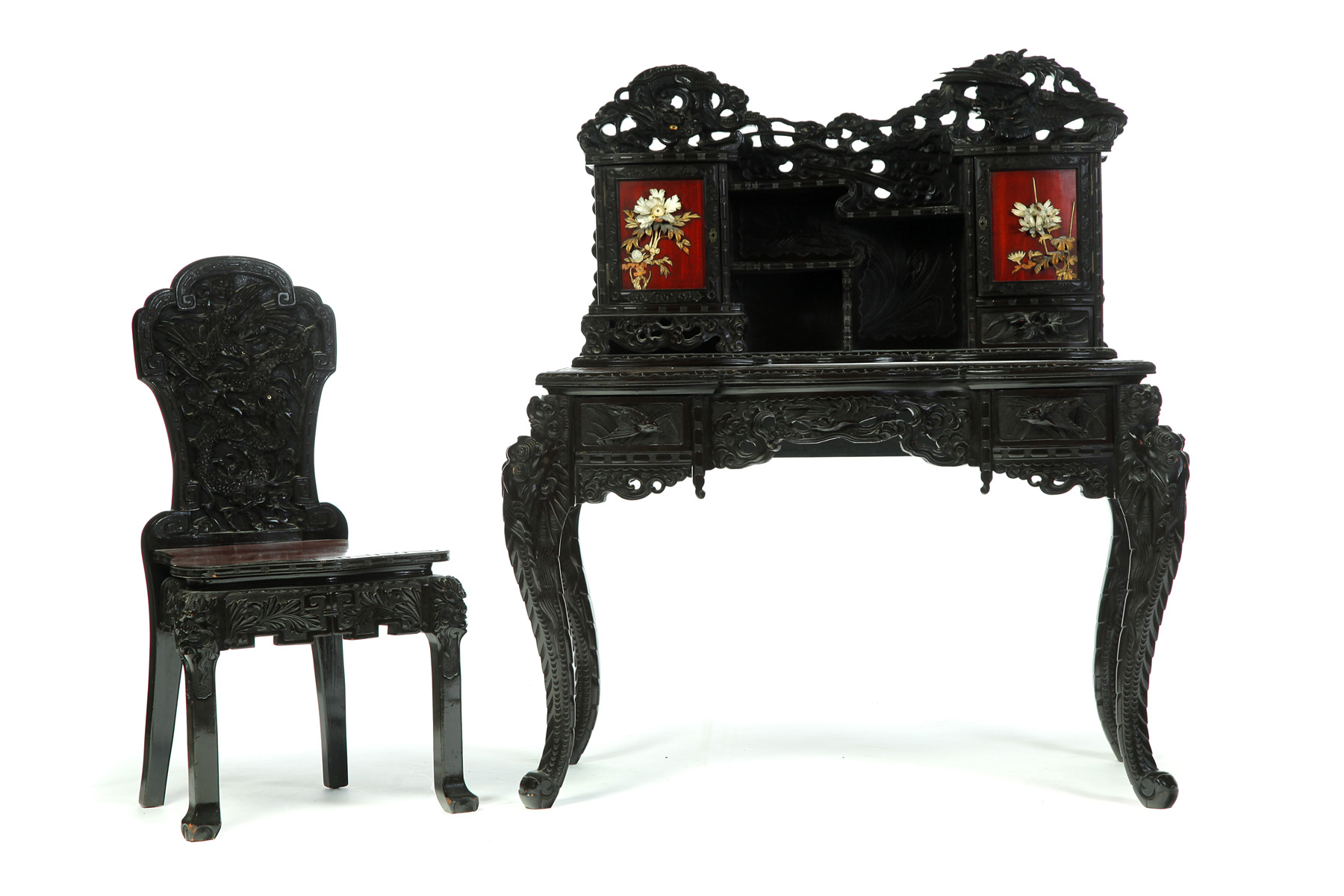 Appraisal: CHINESE EXPORT CARVED DESK AND SIDE CHAIR Reputedly from the