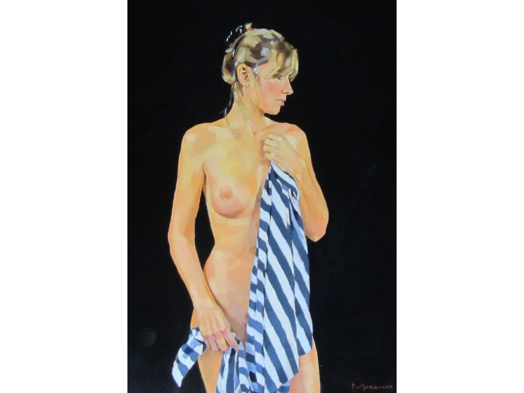 Appraisal: JACK MORROCCO b NUDE WITH BLUE AND WHITE STRIPED DRAPE