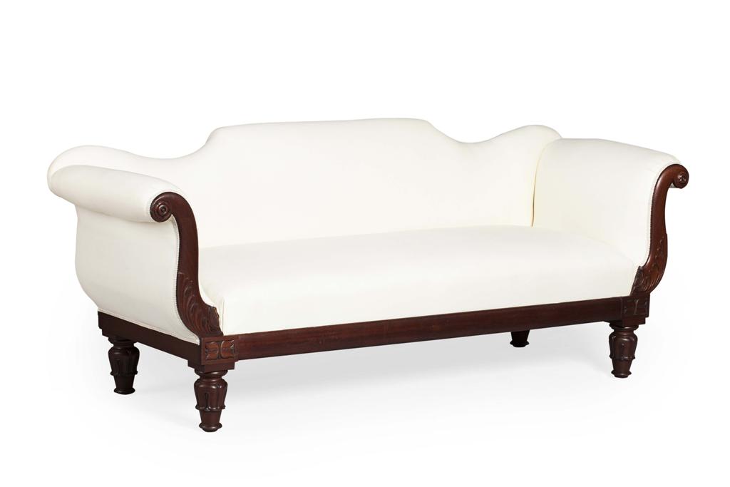 Appraisal: LATE REGENCY MAHOGANY UPHOLSTERED SOFA TH CENTURY the shaped padded