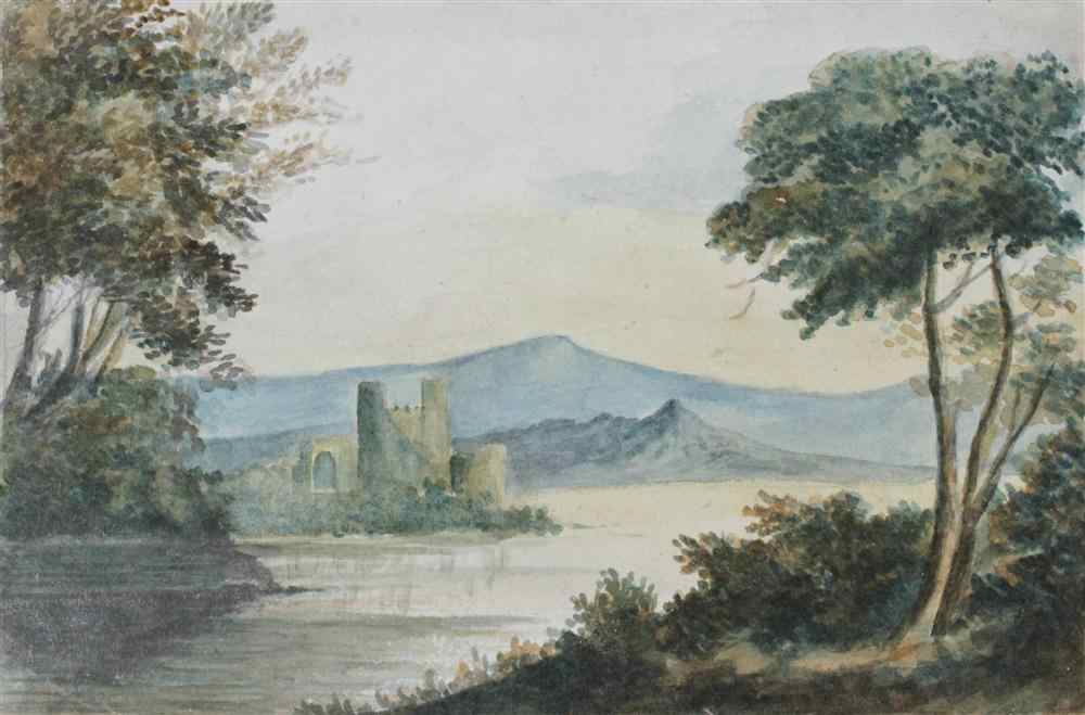 Appraisal: BRITISH SCHOOL TH- TH CENTURY SMALL LANDSCAPE WITH CASTLE Watercolor