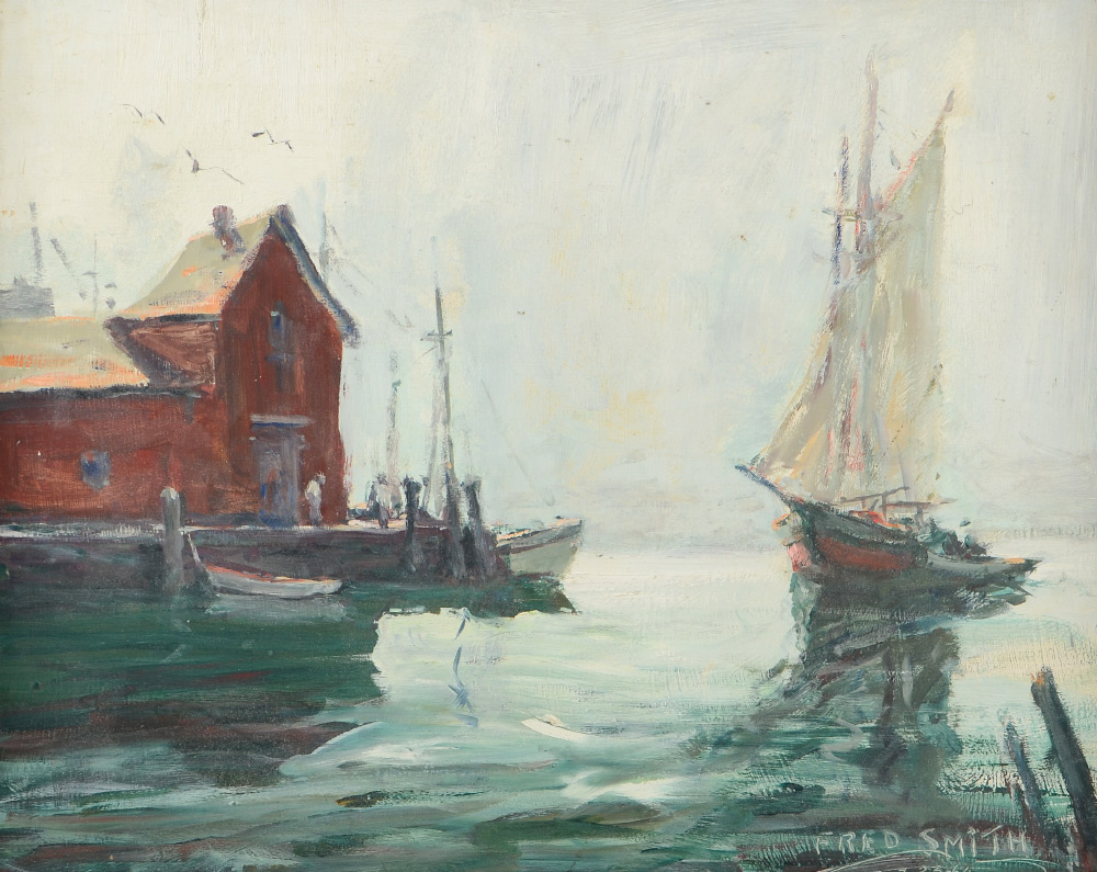 Appraisal: FRED SMITH MOTIF ROCKPORT DOCK PAINTING Oil Masonite '' x