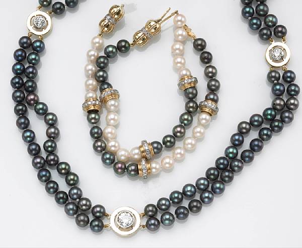 Appraisal: A cultured pearl diamond and k gold necklace together with