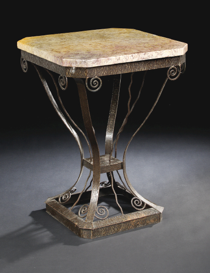 Appraisal: Art Deco-Style Wrought-Iron and Marble-Top Occasional Table the canted square