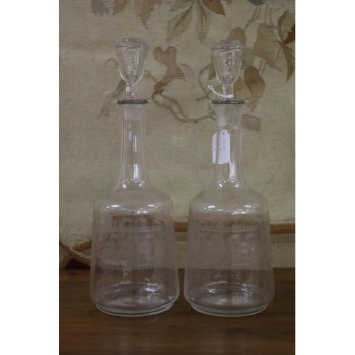 Appraisal: Pair of antique French etched glass mallet shaped decanters with