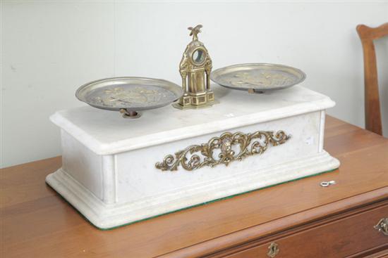 Appraisal: MARBLE APOTHECARY SCALE WITH STAMPED BRASS TRAYS Base entirely of