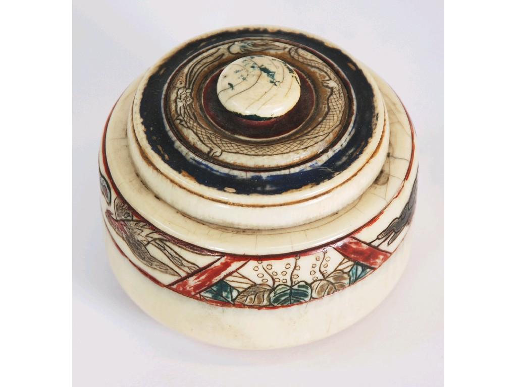 Appraisal: COLOUR STAINED ORIENTAL IVORY CIRCULAR BOX AND COVER DIAMETER SIGNED