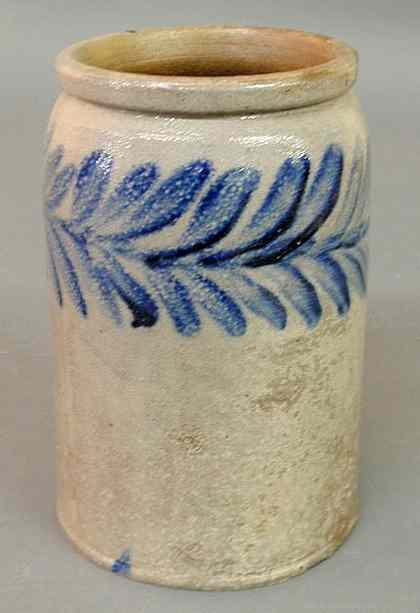 Appraisal: One-gallon stoneware jar th c with blue fern decoration h