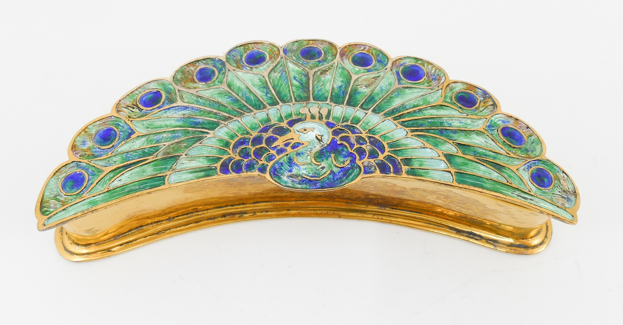 Appraisal: Mildred Watkins - Ohio Enameled Sterling Peacock Box Small vermeil