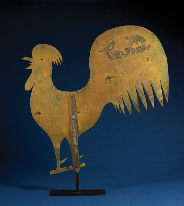 Appraisal: LARGE SHEET METAL ROOSTER WEATHERVANE NEW ENGLAND In mustard paint