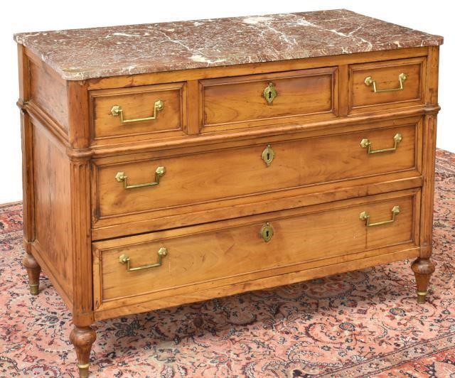 Appraisal: French Louis XVI period fruitwood commode th c marble top