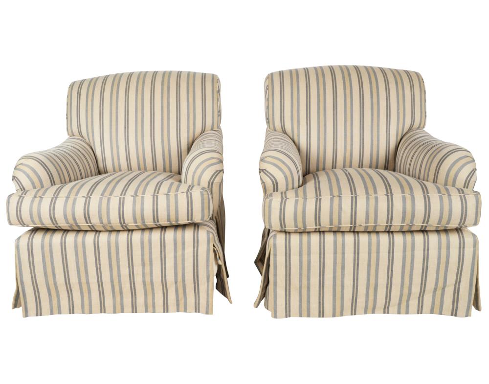 Appraisal: PAIR OF MICHAEL SMITH CLUB CHAIRSstriped fabric raised on casters